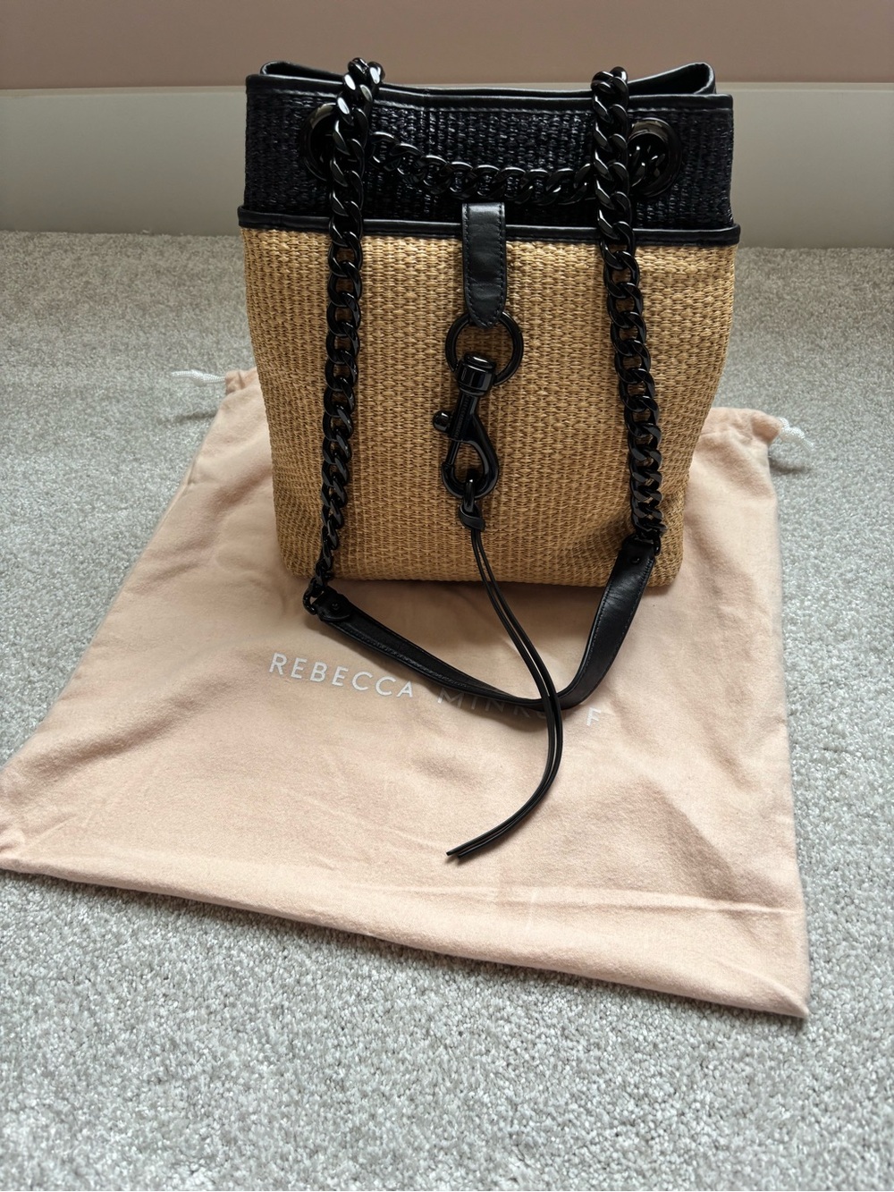 Rebecca Minkoff Black and Tan Straw Tote